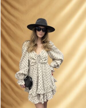 bézs pöttyös len ruha s/m